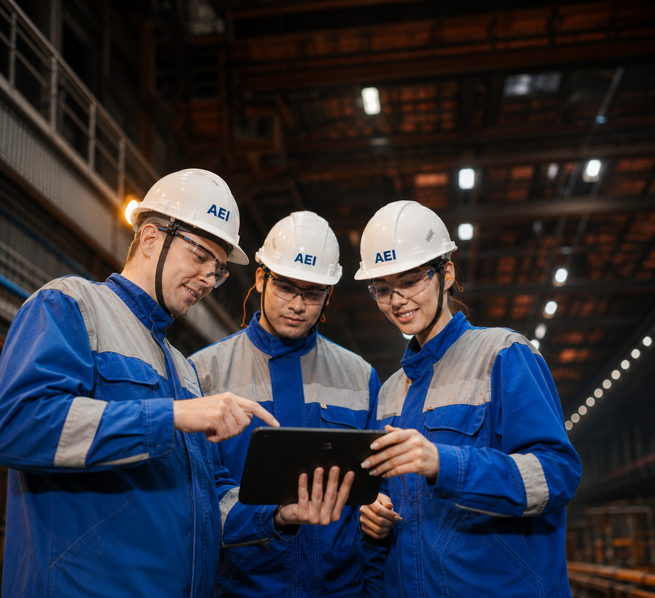 AEI Global engineering team reviewing technical information in an industrial facility