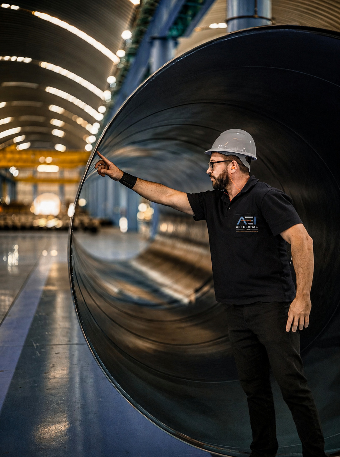 AEI Global engineer inspecting a large fabricated steel pipe
